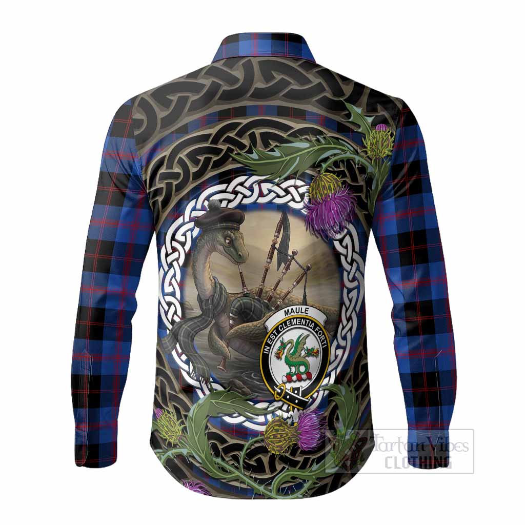 Maule Tartan Crest Bagpipe Nessie Long Sleeve Button Shirts Scottish Loch Ness Monster Celtic Thistle