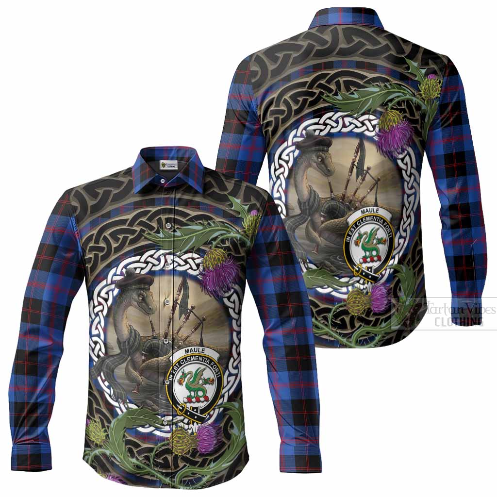 Maule Tartan Crest Bagpipe Nessie Long Sleeve Button Shirts Scottish Loch Ness Monster Celtic Thistle