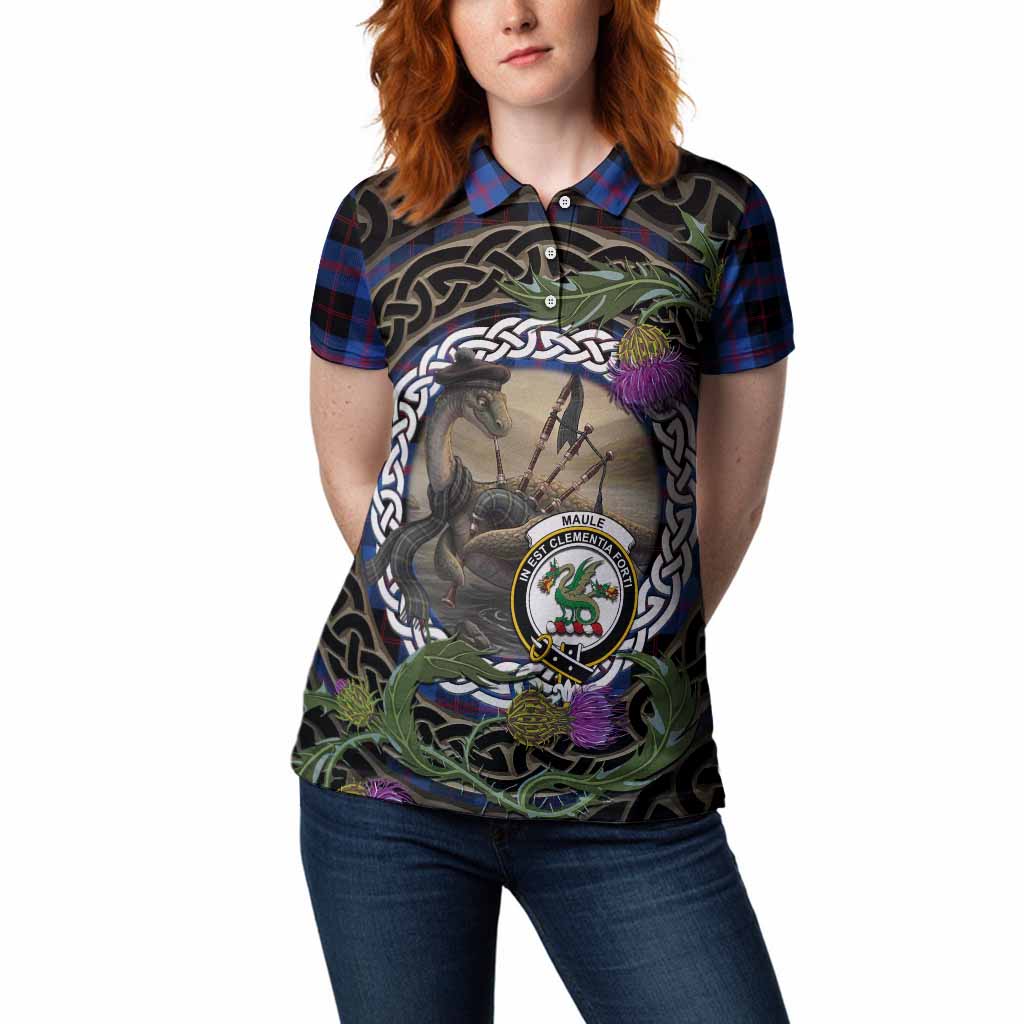 Maule Tartan Crest Bagpipe Nessie Women Polo Shirt Scottish Loch Ness Monster Celtic Thistle