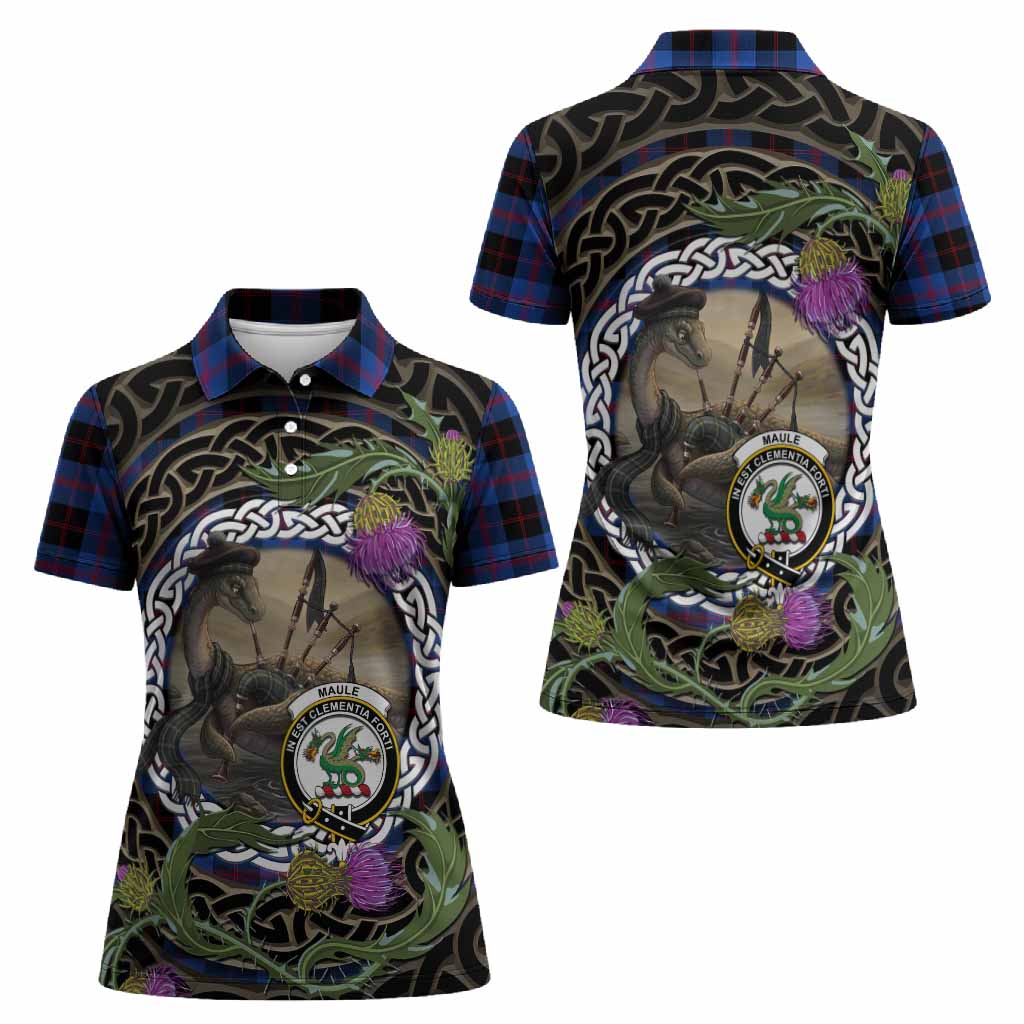 Maule Tartan Crest Bagpipe Nessie Women Polo Shirt Scottish Loch Ness Monster Celtic Thistle