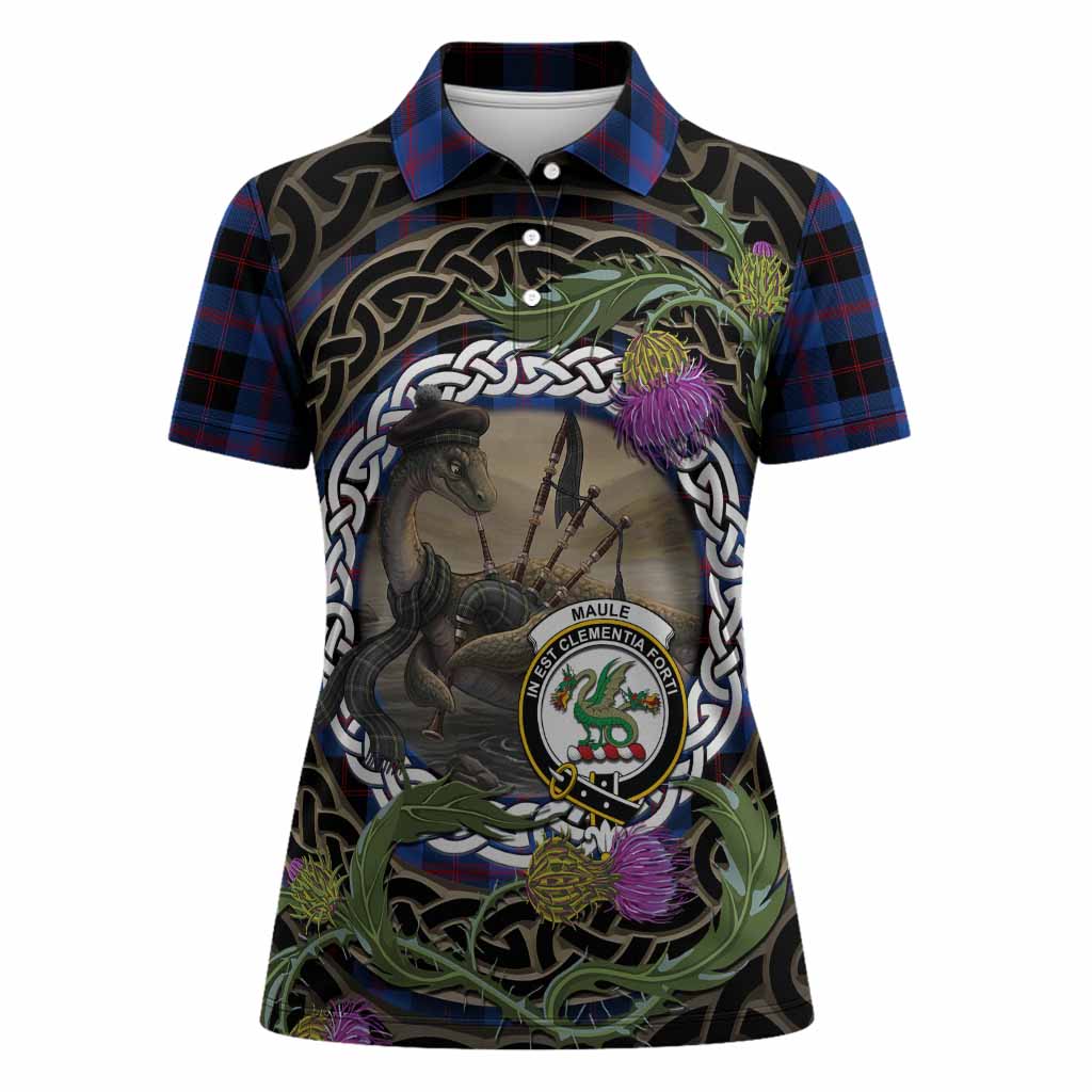Maule Tartan Crest Bagpipe Nessie Women Polo Shirt Scottish Loch Ness Monster Celtic Thistle