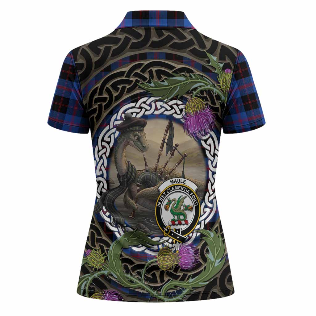 Maule Tartan Crest Bagpipe Nessie Women Polo Shirt Scottish Loch Ness Monster Celtic Thistle