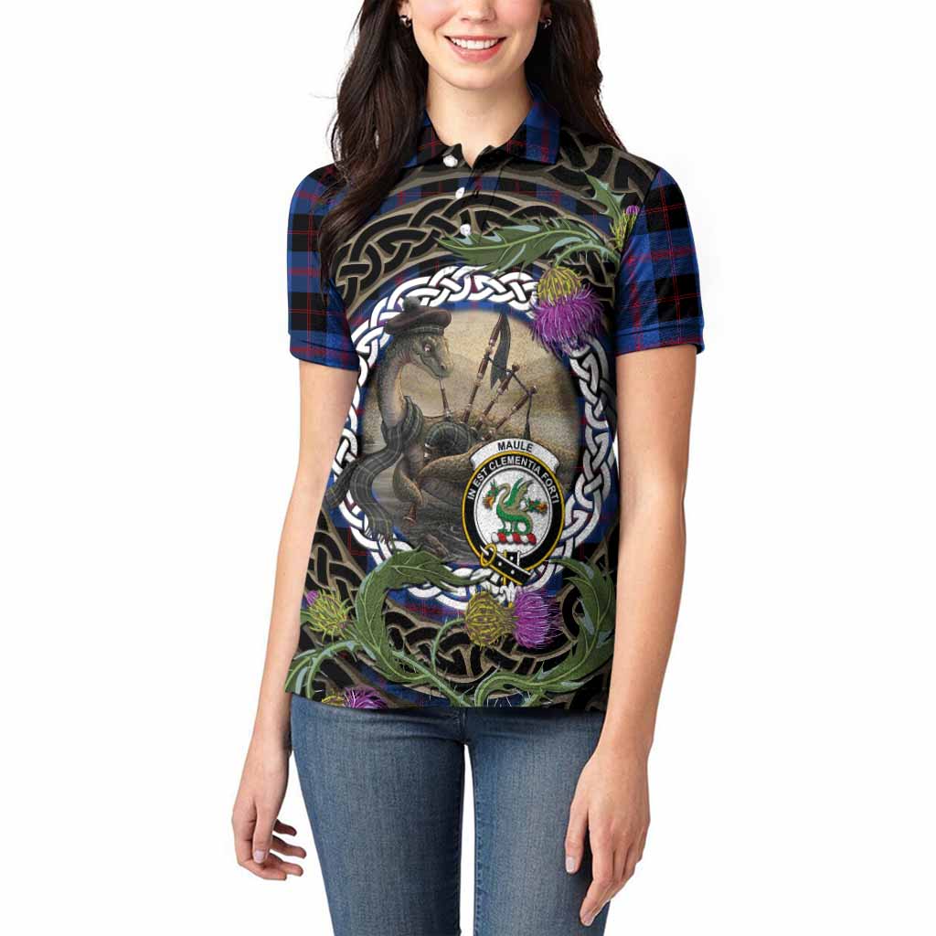 Maule Tartan Crest Bagpipe Nessie Women Polo Shirt Scottish Loch Ness Monster Celtic Thistle