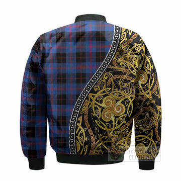 Maule Tartan Crest Bomber Jacket Celtic Knot and Triple Trickle Spiral Symbols