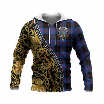 Maule Tartan Crest Knitted Hoodie Celtic Knot and Triple Trickle Spiral Symbols