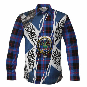 Maule Tartan Crest Long Sleeve Button Shirts Scotland Flag Ripped Tribal Design