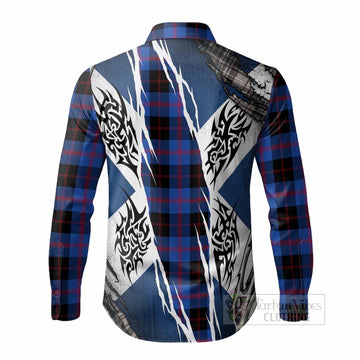 Maule Tartan Crest Long Sleeve Button Shirts Scotland Flag Ripped Tribal Design