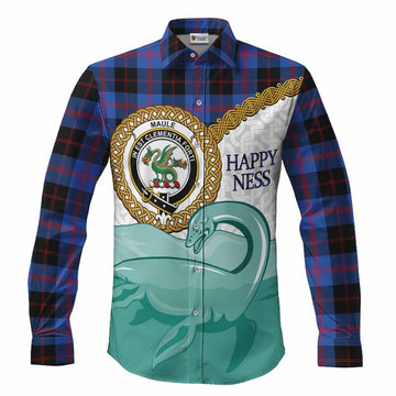 Maule Tartan Crest Scottish Loch Ness Monster Long Sleeve Button Shirts Happy Ness Scotland Celtic Knot