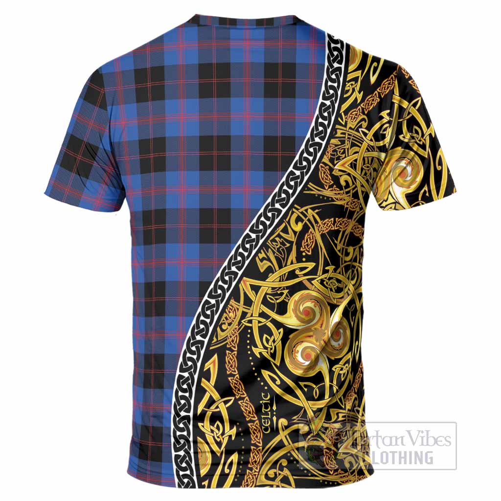 Maule Tartan Crest T-Shirt Celtic Knot and Triple Trickle Spiral Symbols