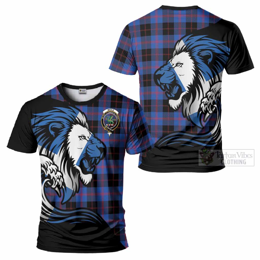 Maule Tartan Crest T-Shirt Scottish Golden Lions Wave Flow