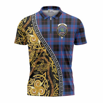 Maule Tartan Crest Zipper Polo Shirt Celtic Knot and Triple Trickle Spiral Symbols