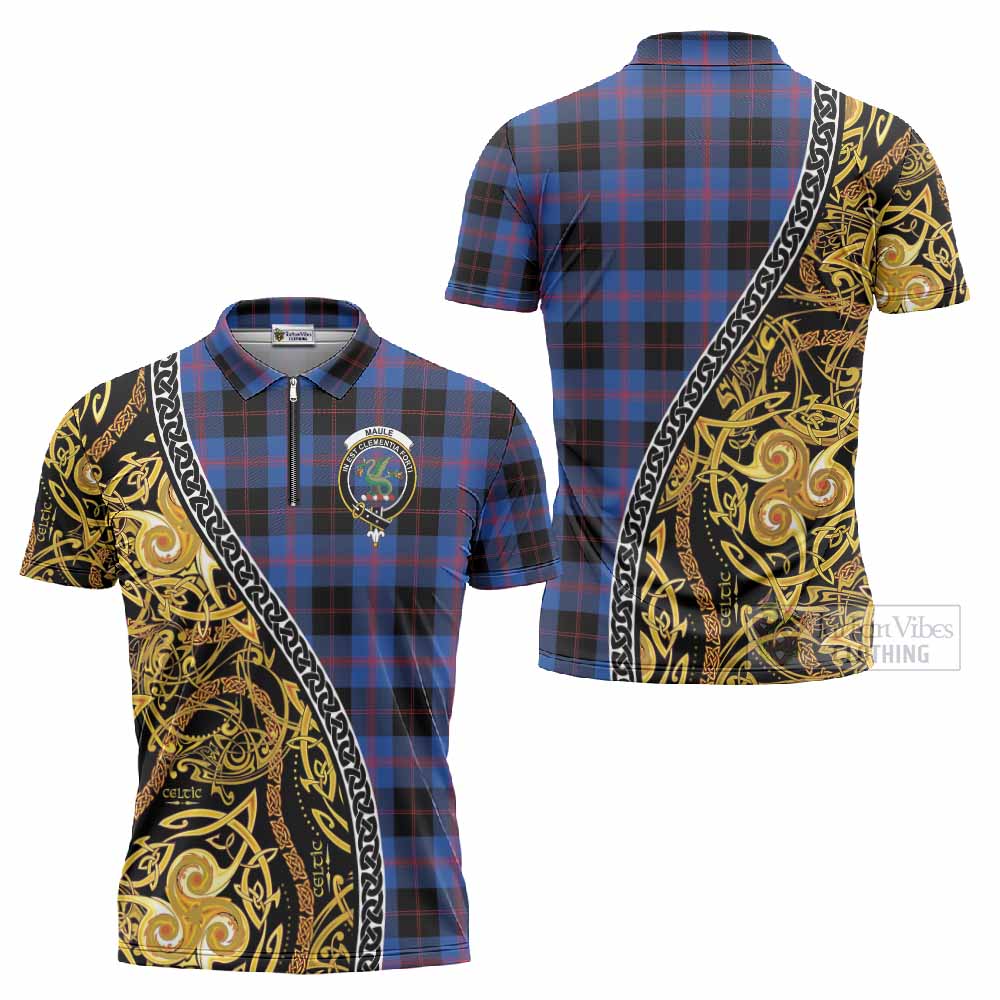 Maule Tartan Crest Zipper Polo Shirt Celtic Knot and Triple Trickle Spiral Symbols