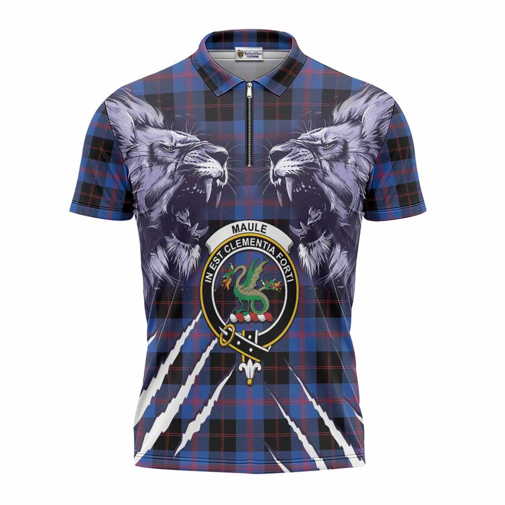 Maule Tartan Crest Zipper Polo Shirt Ferocious Lion Style