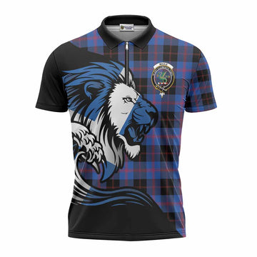 Maule Tartan Crest Zipper Polo Shirt Scottish Golden Lions Wave Flow