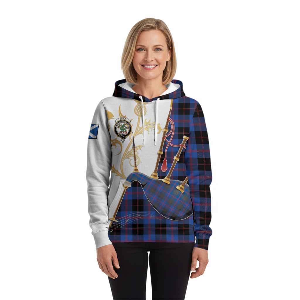 Maule Tartan Family Crest Hoodie Bagpipes with Scottish Thistle
