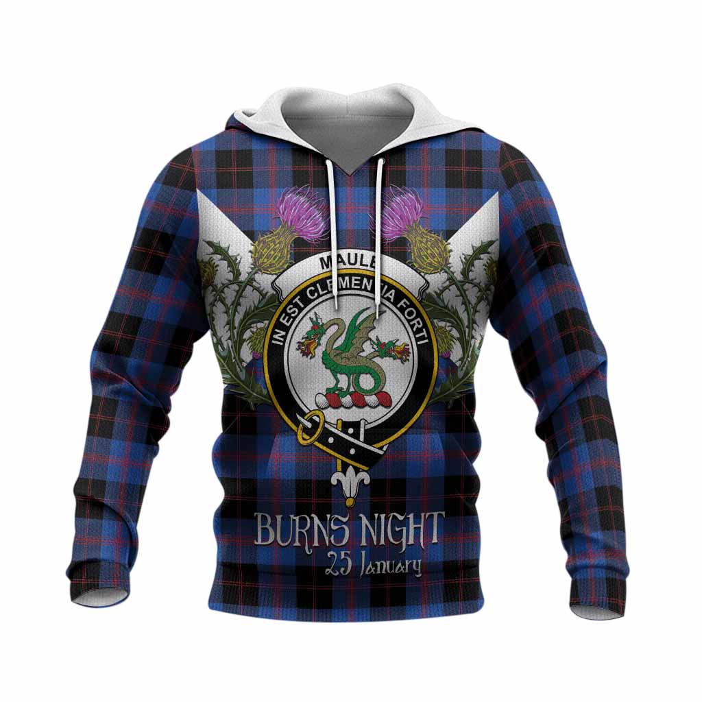Maule Tartan Family Crest Knitted Hoodie Scottish Burns Night Thistle Floral