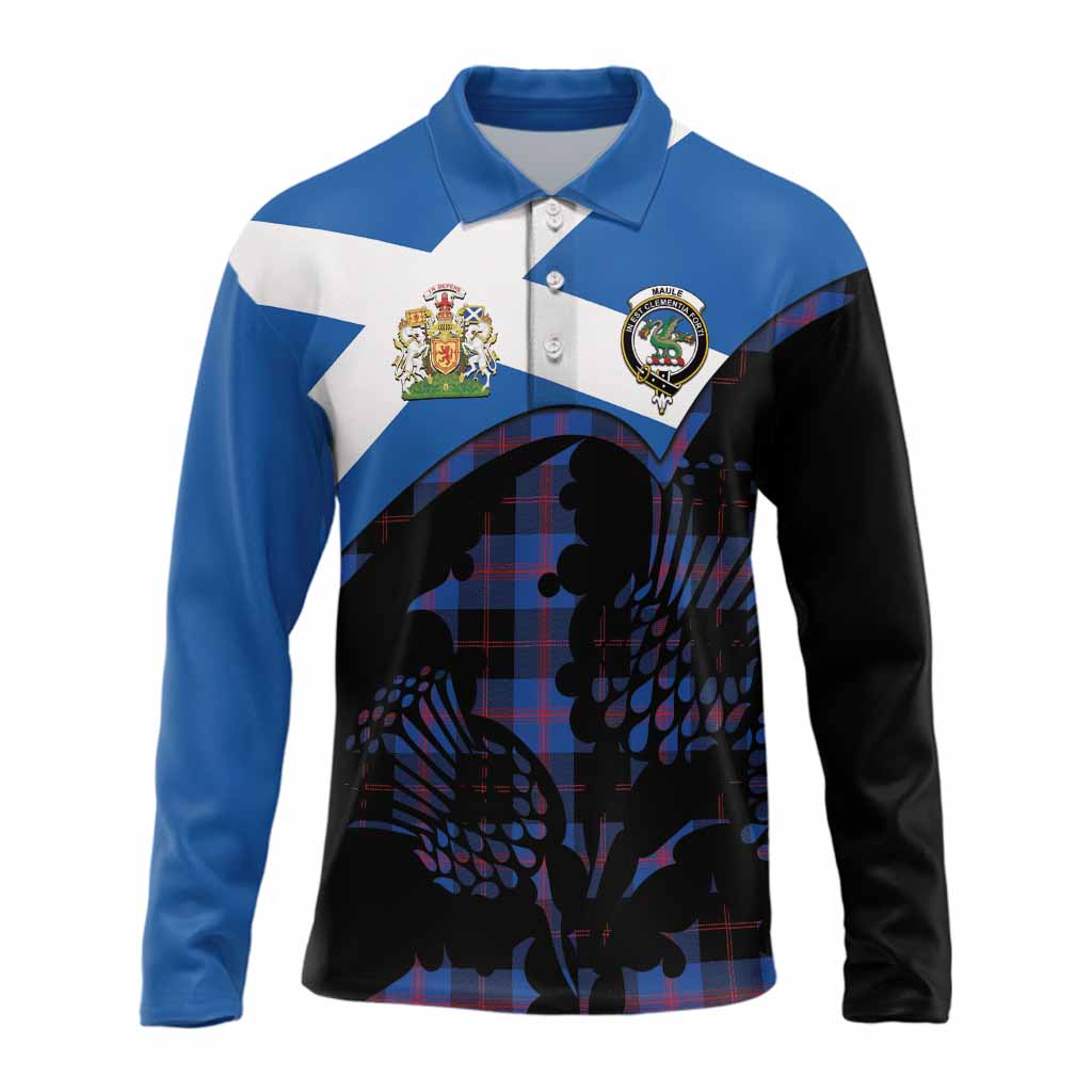 Maule Tartan Family Crest Long Sleeve Polo Shirt Scotland Thistle Floral Flag Style