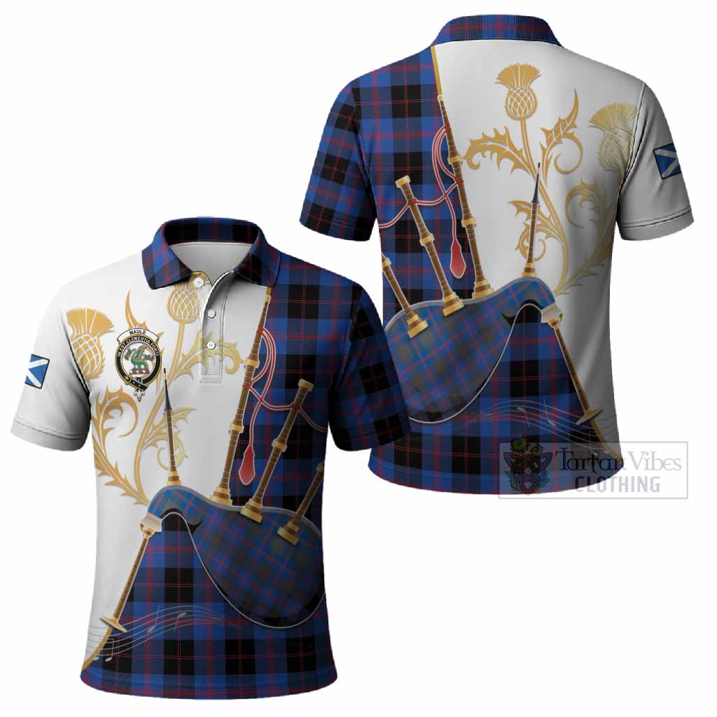 Maule Tartan Family Crest Polo Shirt Bagpipes with Scottish Thistle