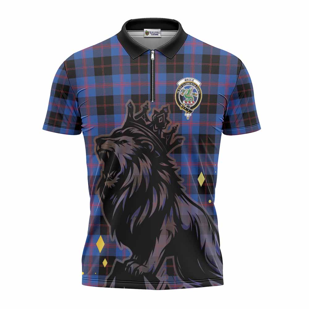 Maule Tartan Family Crest Zipper Polo Shirt Crowned Lion Roaring