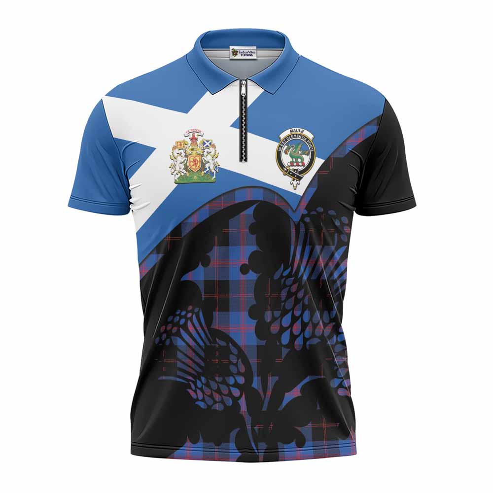 Maule Tartan Family Crest Zipper Polo Shirt Scotland Thistle Floral Flag Style