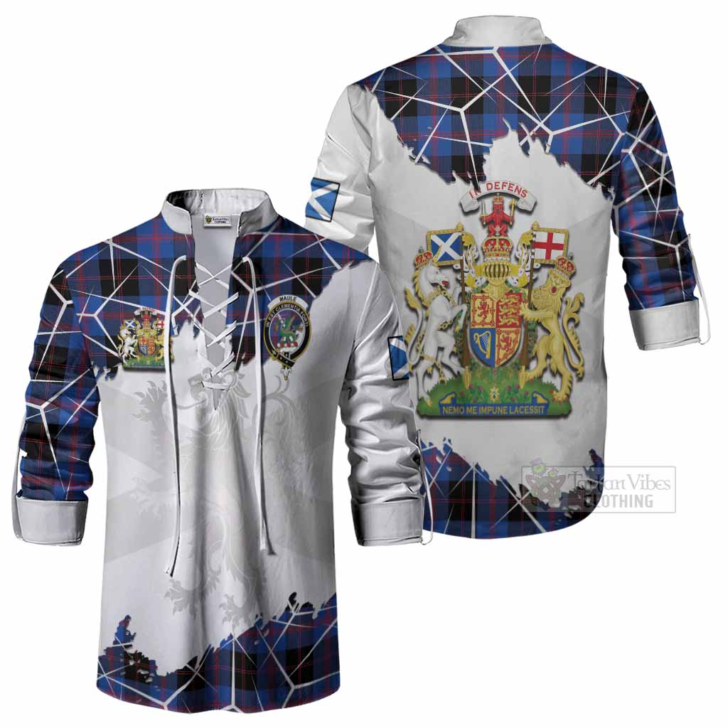 Maule Tartan Ghillie Shirt with Family Crest and Lion Rampant Grunge Style