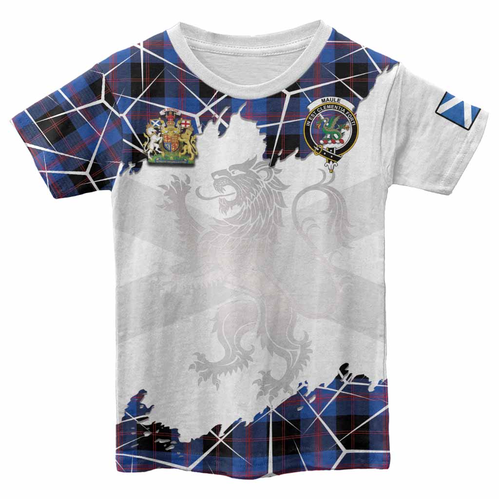 Maule Tartan Kid T-shirt with Family Crest and Lion Rampant Grunge Style