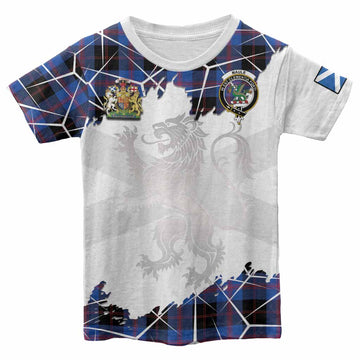 Maule Tartan Kid T-shirt with Family Crest and Lion Rampant Grunge Style