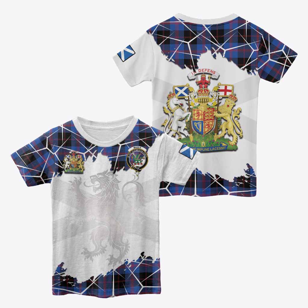 Maule Tartan Kid T-shirt with Family Crest and Lion Rampant Grunge Style