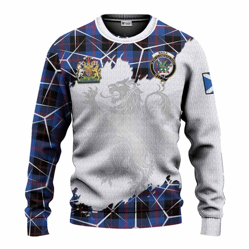 Maule Tartan Knitted Sweater with Family Crest and Lion Rampant Grunge Style