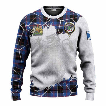 Maule Tartan Knitted Sweater with Family Crest and Lion Rampant Grunge Style