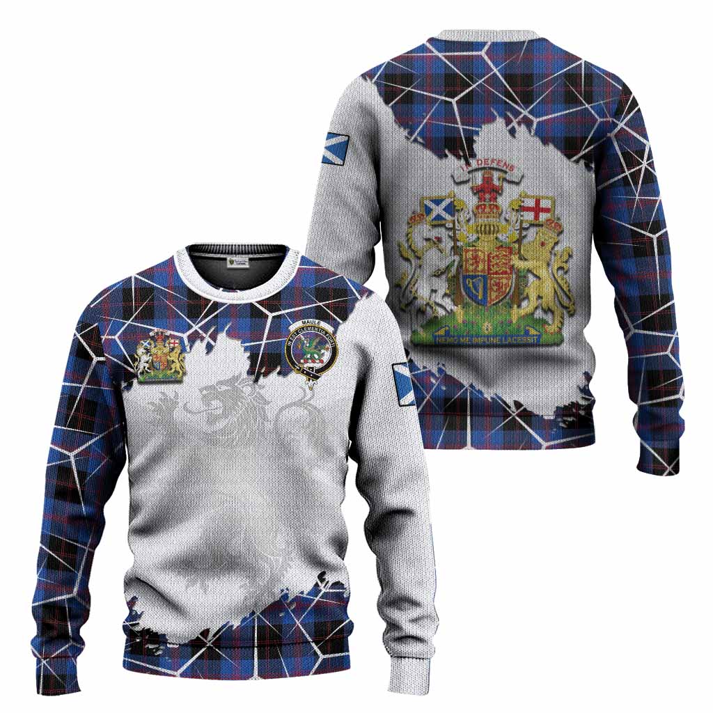 Maule Tartan Knitted Sweater with Family Crest and Lion Rampant Grunge Style