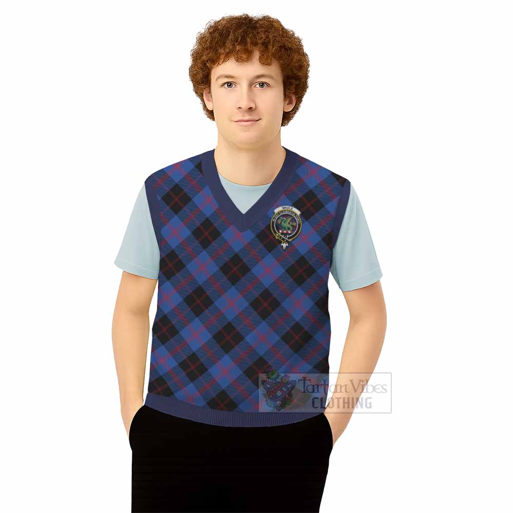 Maule Tartan Knitted V-Neck Vest with Family Crest Cross Style