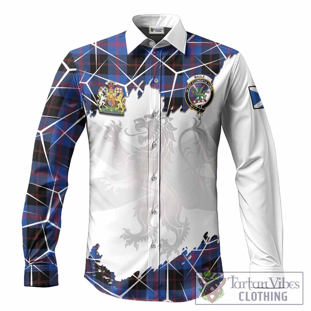 Maule Tartan Long Sleeve Button Shirts with Family Crest and Lion Rampant Grunge Style
