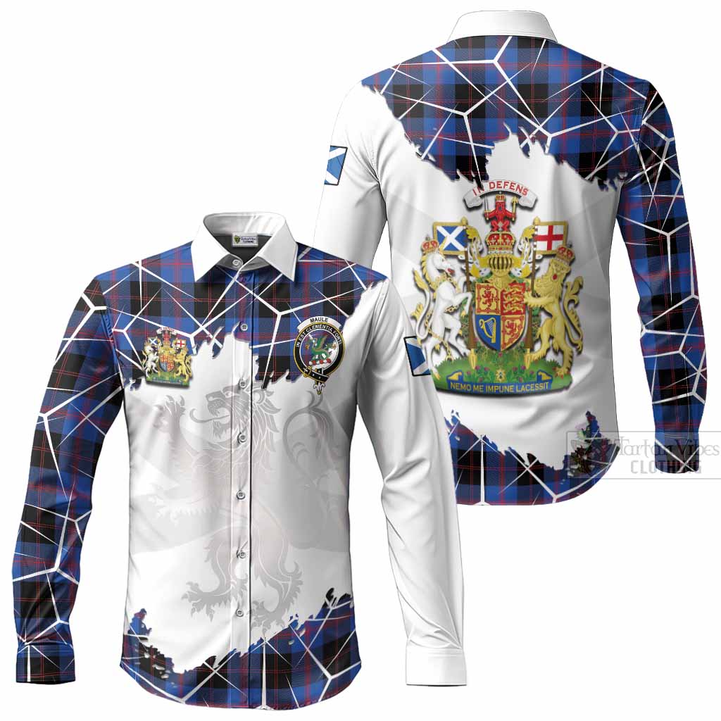 Maule Tartan Long Sleeve Button Shirts with Family Crest and Lion Rampant Grunge Style