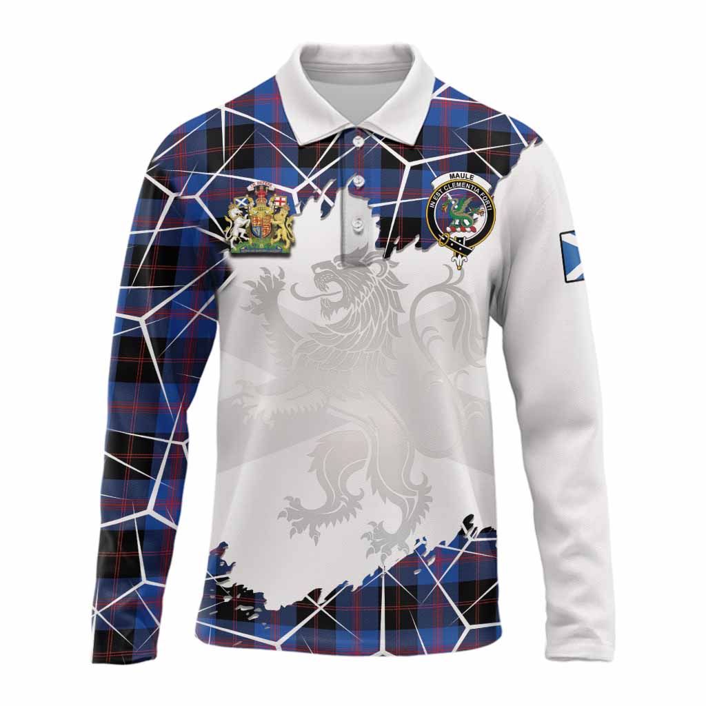 Maule Tartan Long Sleeve Polo Shirt with Family Crest and Lion Rampant Grunge Style