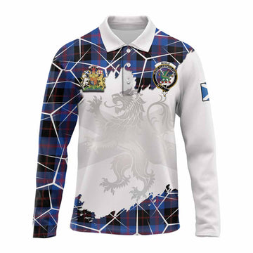 Maule Tartan Long Sleeve Polo Shirt with Family Crest and Lion Rampant Grunge Style