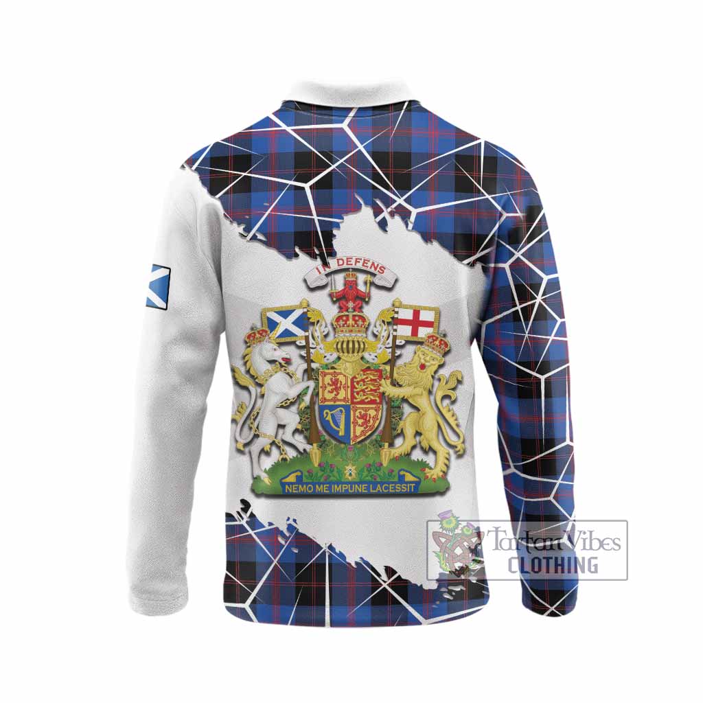 Maule Tartan Long Sleeve Polo Shirt with Family Crest and Lion Rampant Grunge Style