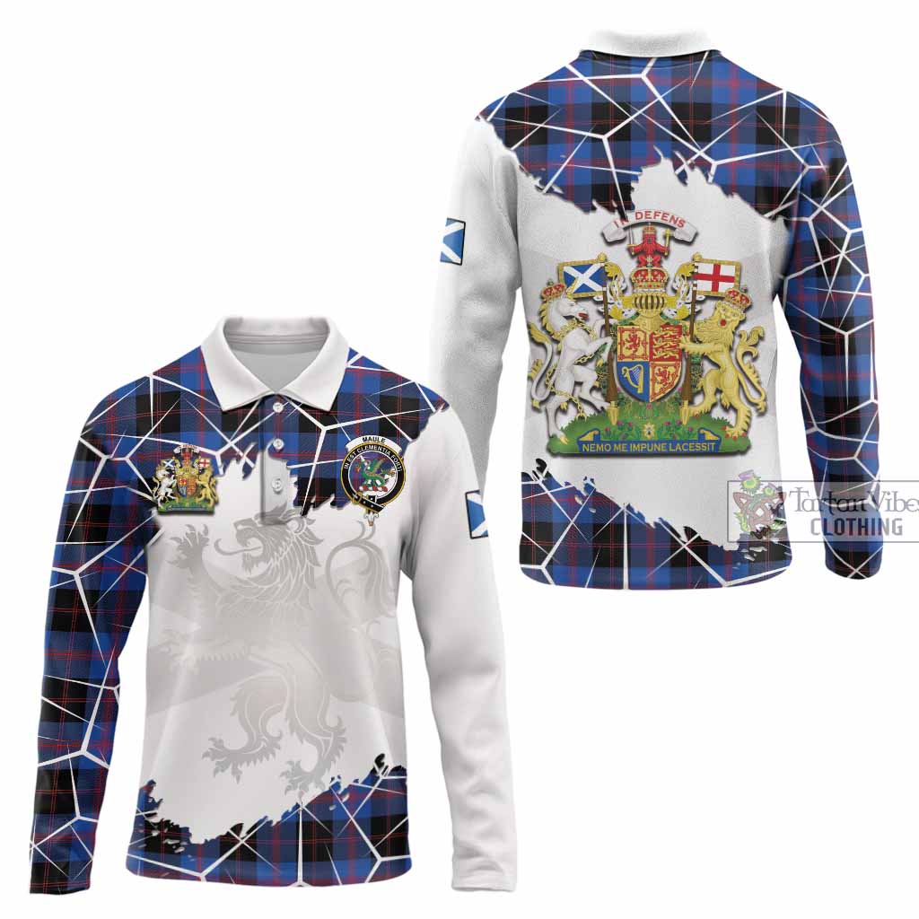 Maule Tartan Long Sleeve Polo Shirt with Family Crest and Lion Rampant Grunge Style