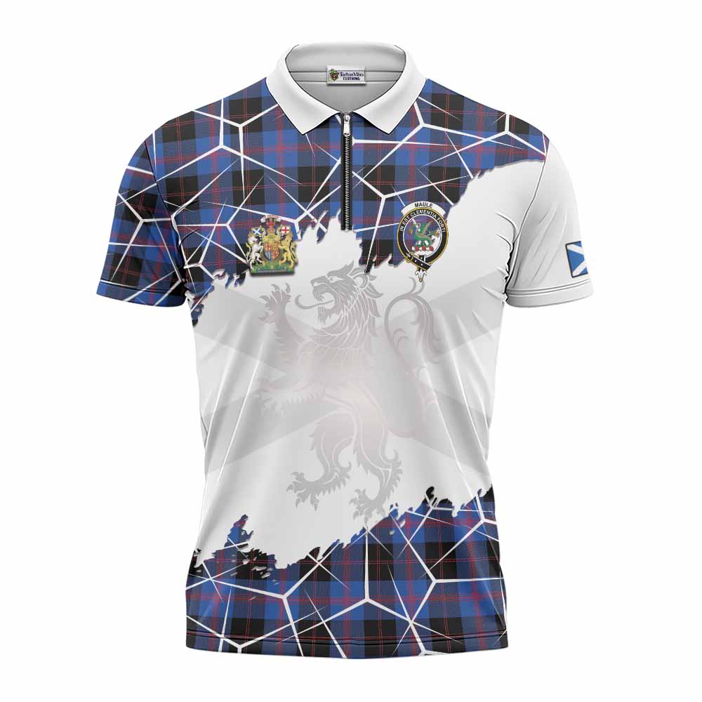 Maule Tartan Zipper Polo Shirt with Family Crest and Lion Rampant Grunge Style