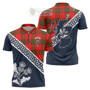 Maxtone Tartan Zipper Polo Shirt Featuring Thistle and Scotland Map Unisex - Tartanvibesclothing Store