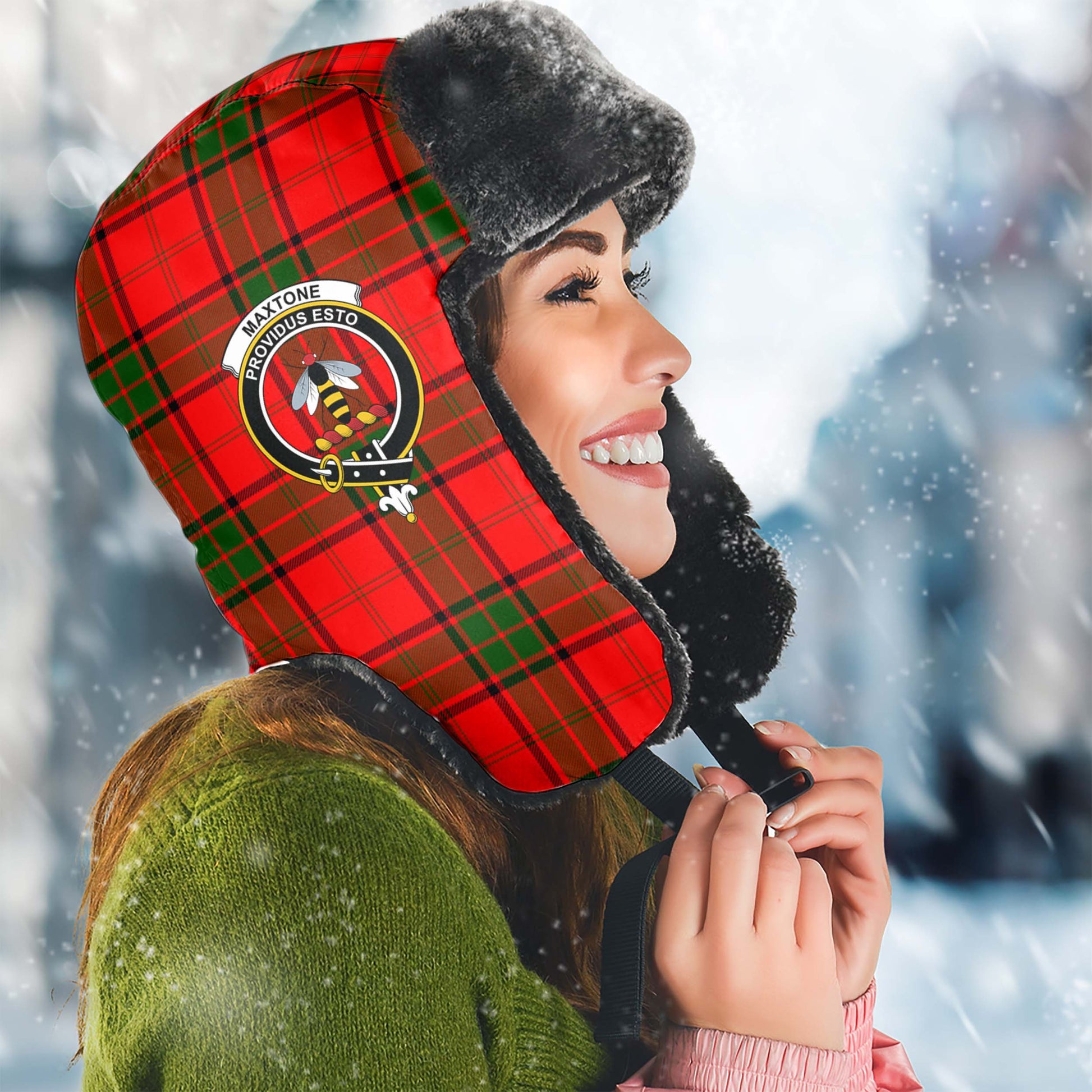 Maxtone Tartan Winter Trapper Hat with Family Crest Winter Trapper Hat Universal Fit Circumference 22.8in (58cm) - Tartan Vibes Clothing