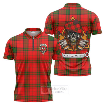 Maxtone Tartan Zipper Polo Shirt with Family Crest and Bearded Skull Holding Bottles of Whiskey Unisex - Tartan Vibes Clothing