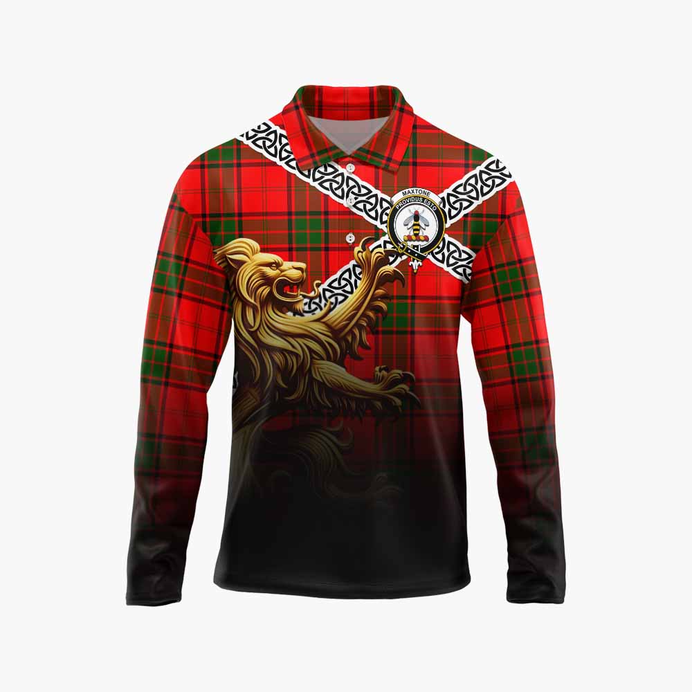 Maxtone Crest Tartan Long Sleeve Polo Shirt with Golden Lion Emblem Celtic Style Unisex - Tartan Vibes Clothing