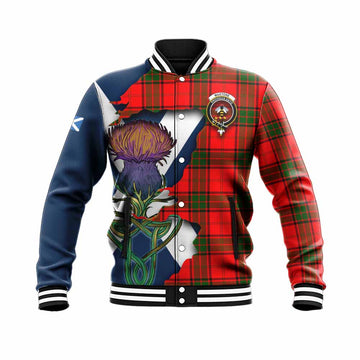 Tartan Vibes Clothing Maxtone Tartan Family Crest Baseball Jacket Scottish Thistle Celtic Inspired