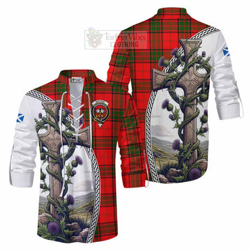 Maxtone Tartan Ghillie Kilt Shirt with Family Crest and St. Andrew's Cross Accented by Thistle Vines Men - Tartan Vibes Clothing