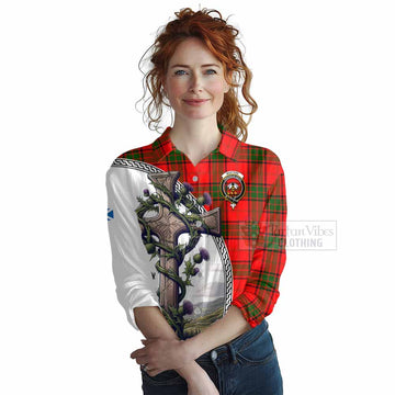 Maxtone Tartan Women's Casual Shirt with Family Crest and St. Andrew's Cross Accented by Thistle Vines Female - Tartan Vibes Clothing
