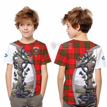 Maxtone Tartan Kid T-Shirt with Family Crest and St. Andrew's Cross Accented by Thistle Vines Youth XL Size14 - Tartan Vibes Clothing