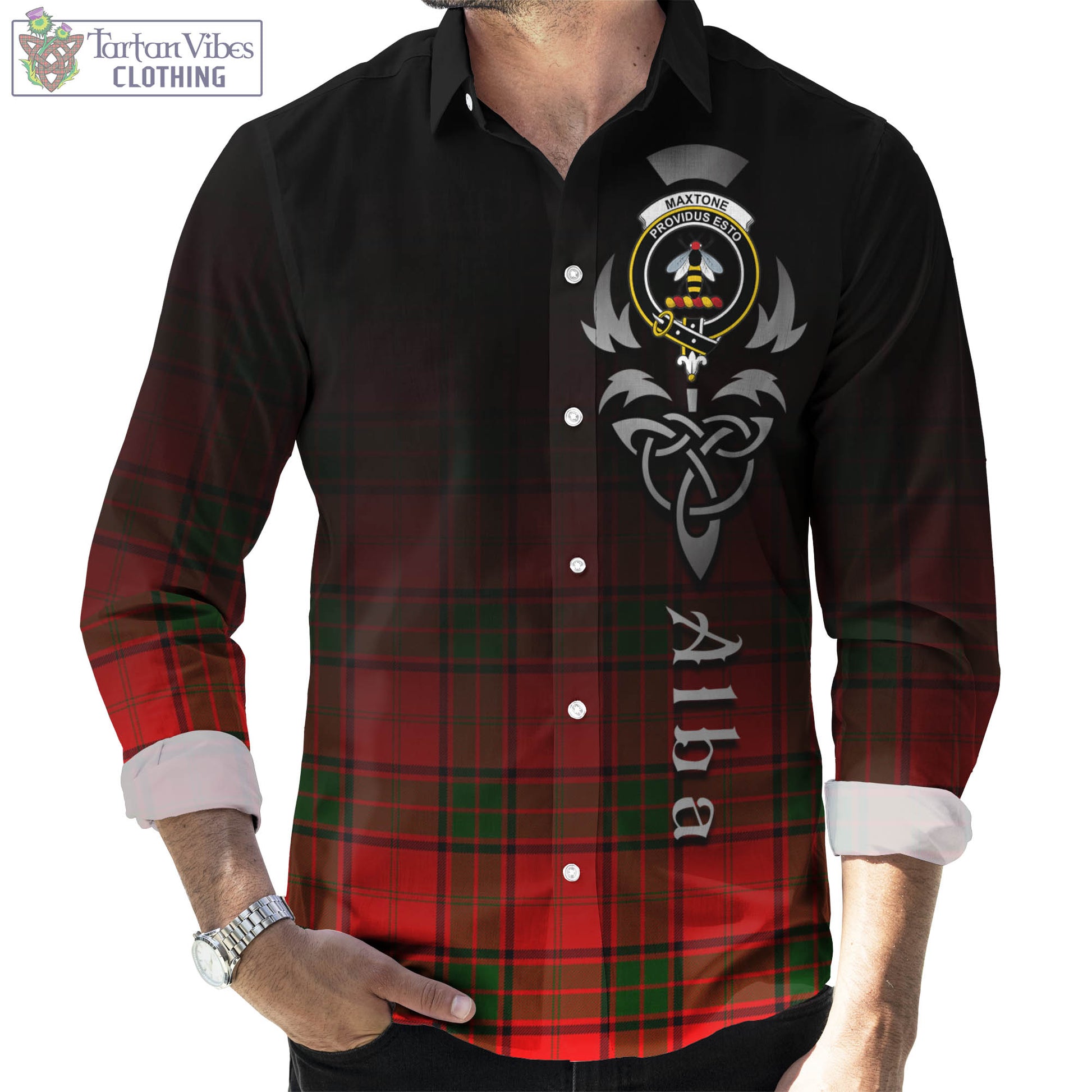 Maxtone Tartan Long Sleeve Button Up Featuring Alba Gu Brath Family Crest Celtic Inspired Men's Shirt - Tartan Vibes Clothing