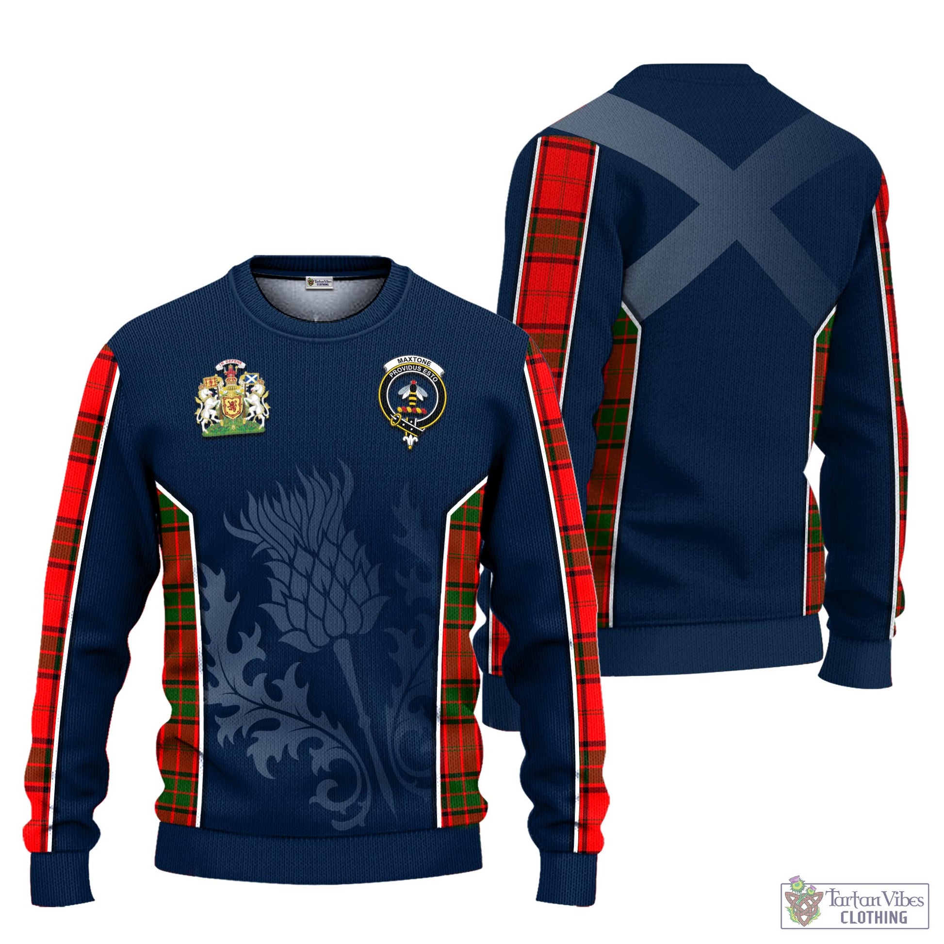 Tartan Vibes Clothing Maxtone Tartan Knitted Sweatshirt with Family Crest and Scottish Thistle Vibes Sport Style
