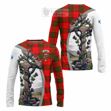 Maxtone Tartan Long Sleeve T-Shirt with Family Crest and St. Andrew's Cross Accented by Thistle Vines Unisex - Tartan Vibes Clothing